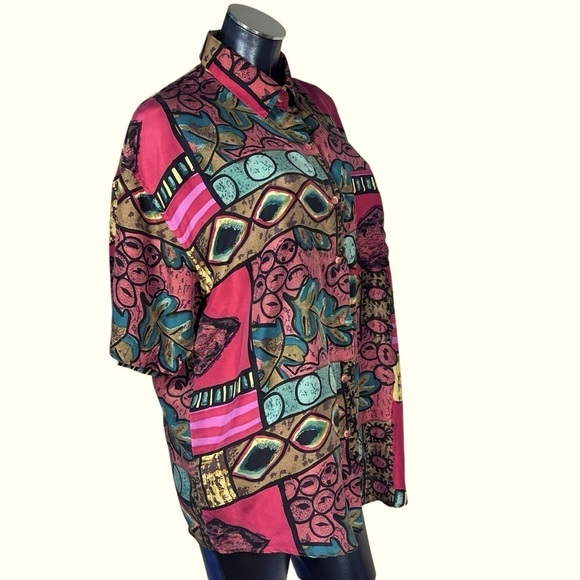 VTG STUNT COLLECTIONS Abstract Pattern Short Sleeve 100% Silk Shirt Women's L - Picture 7 of 16